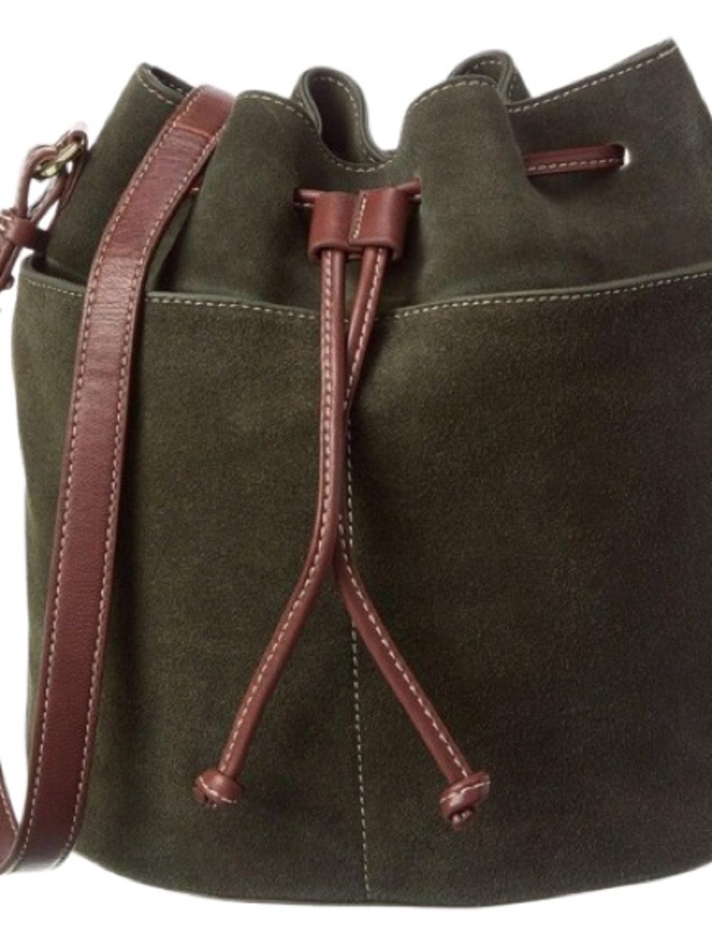 Ariana Olive Suede Drawstring Bucket Bag w/ Brown Leather Trim